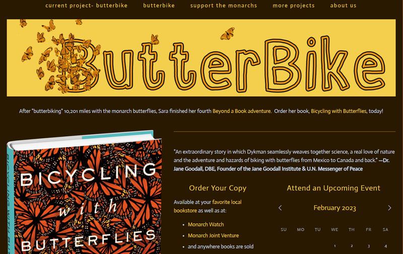 colorful web page with ButterBike at top and book cover below