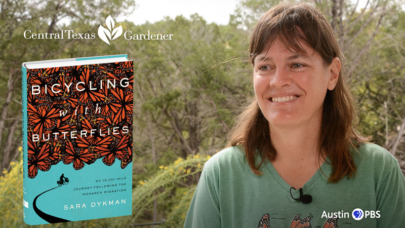 smiling woman in garden and book cover Bicycling with Butterflies