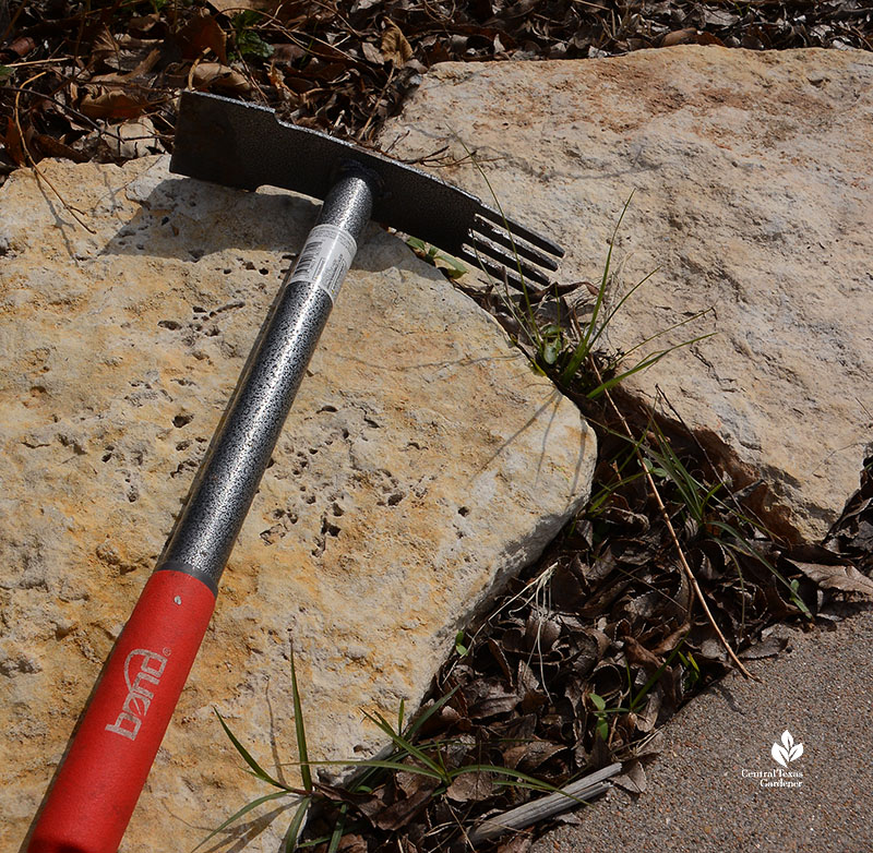 small garden tool with blade one end and prongs on other