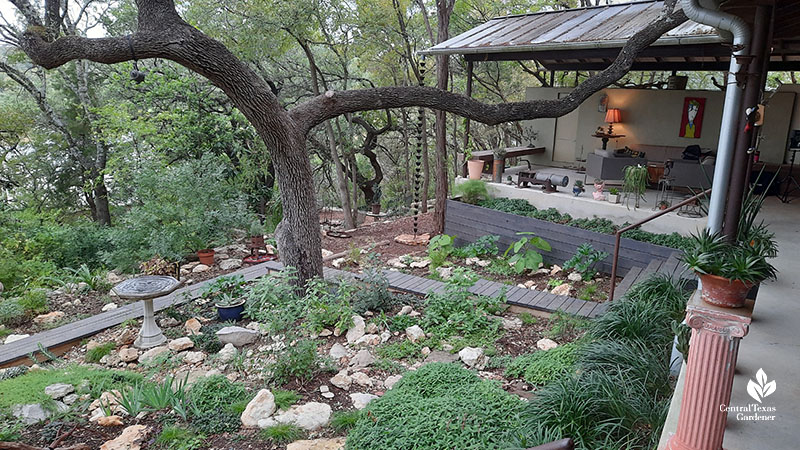 elevated covered patio hillside garden 