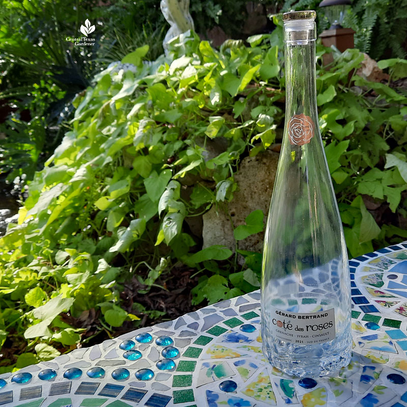 Cote-des-Roses label wine bottle on mosaic bench