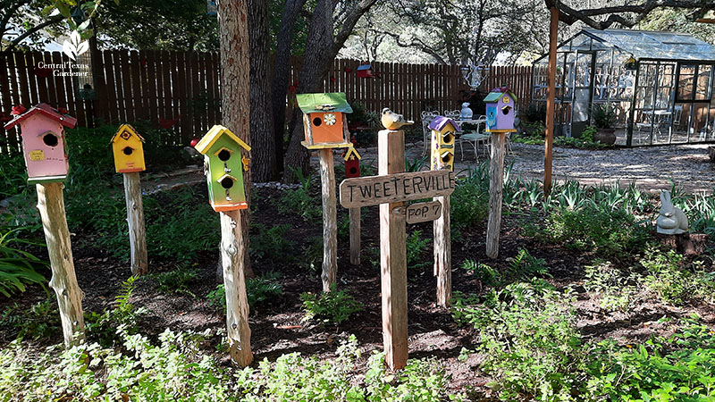 cute colorful birdhouses with sign "Tweeterville"