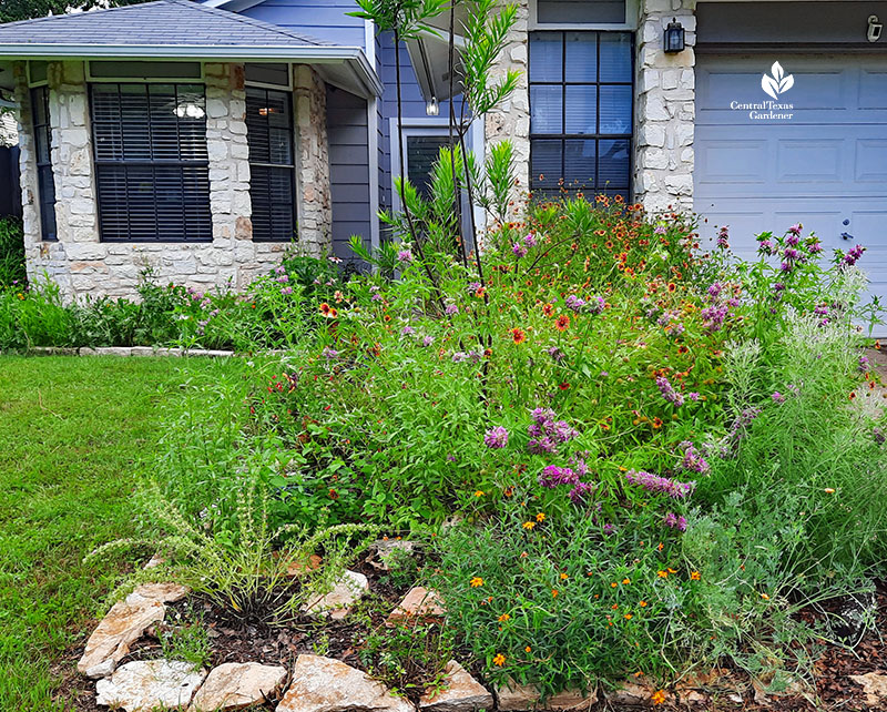 pink flowers and orange/red ones in narrow bed against driveway