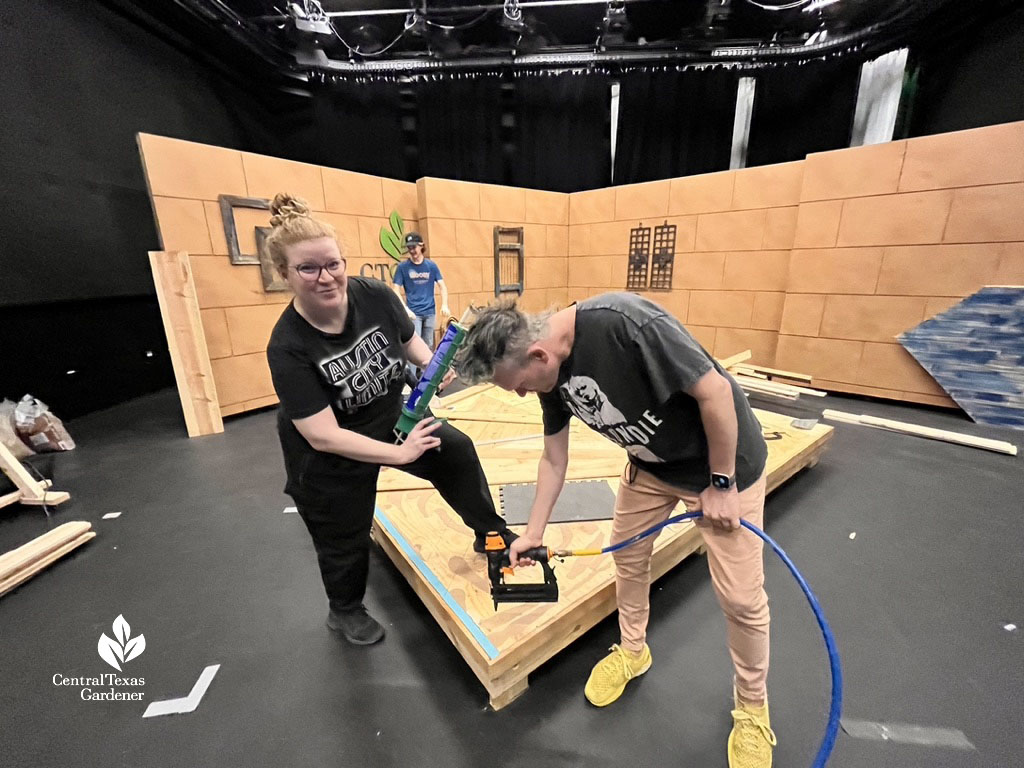 woman and man working on wood studio deck 