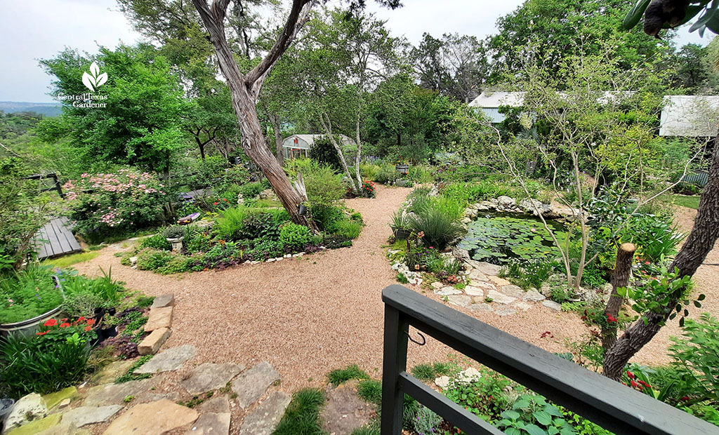 gravel paths around gardens and small pond 