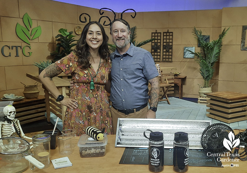 man and woman on CTG set wearing butterfly antennae headbands