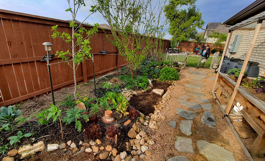 man entering side yard gate to narrow garden and stone path