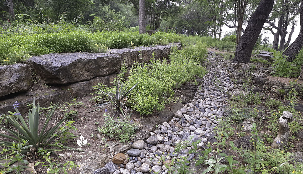 dry creek bed against stone retaining wall and native plants 