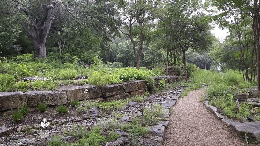 stone walls and native plants against dry creek bed and gravel path