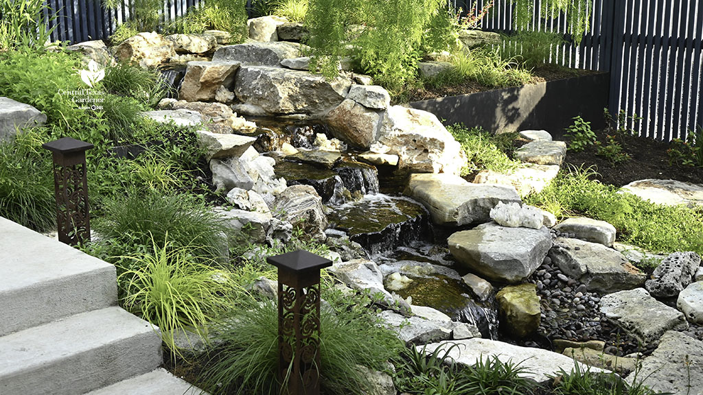 narrow front yard stream and waterfall bordered by plants