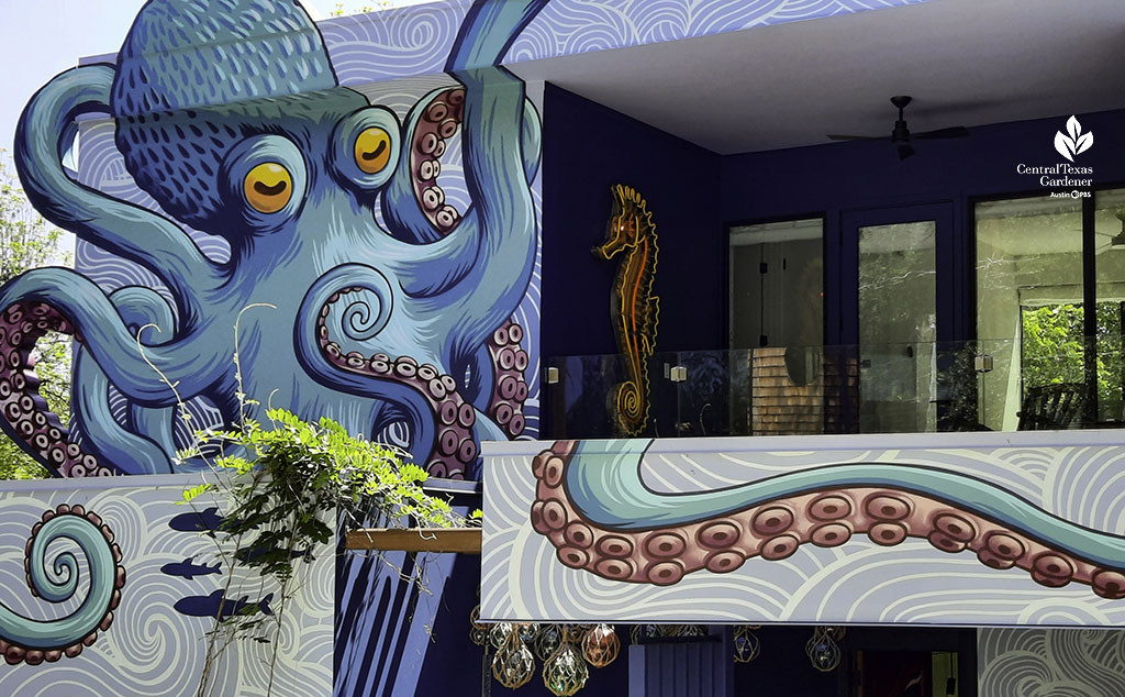 octopus painted on house and neon seahorse on upper porch