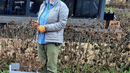 smiling woman in front of stone wall and winter brown plants