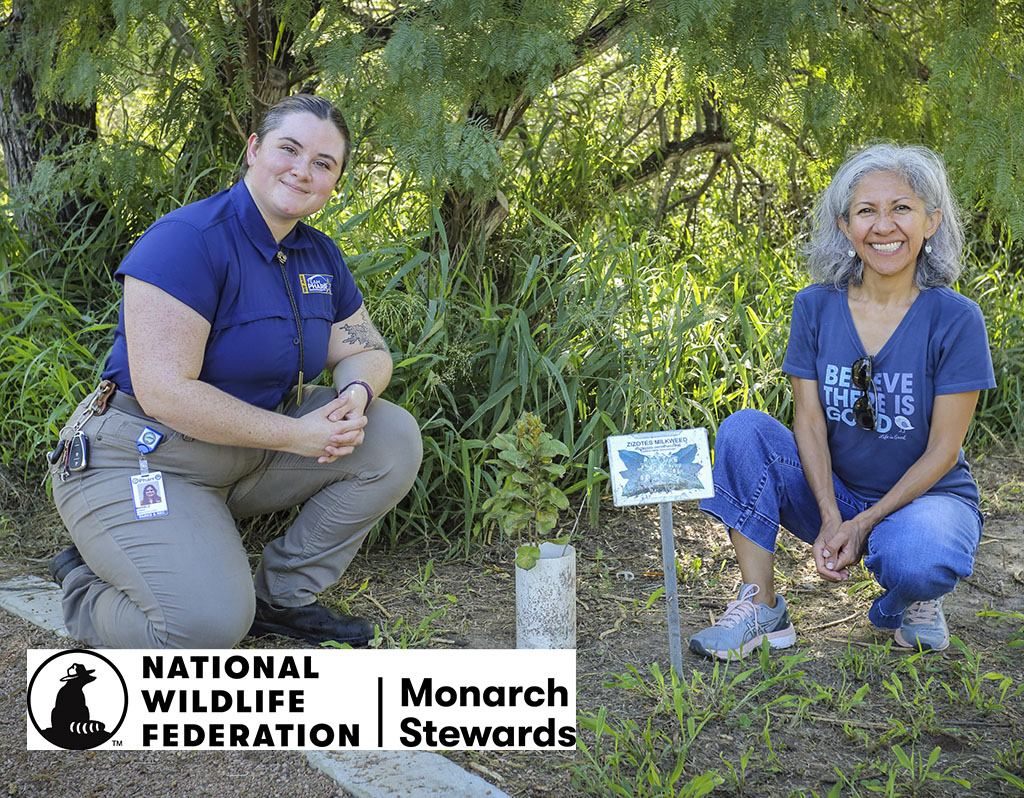 two smiling women in garden; graphic says National Wildlife Federation Monarch Stewards