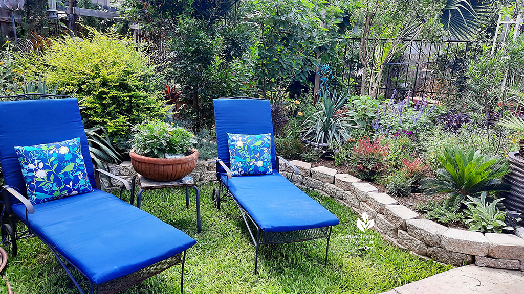 blue chaise lounges on grassy spot next to raised beds of colorful  plants