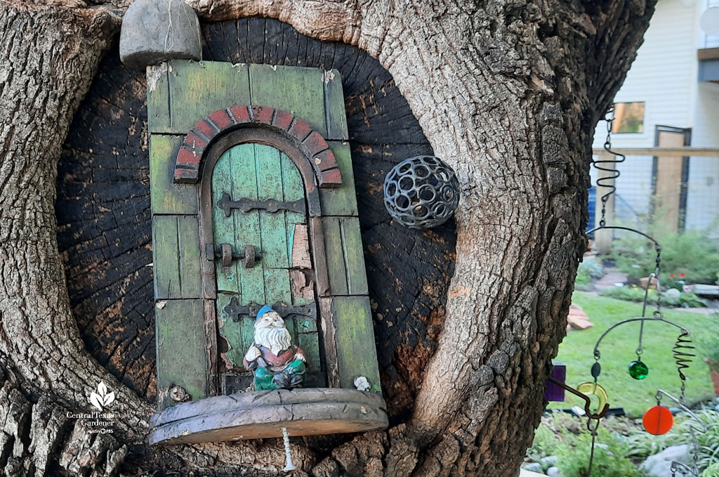 garden art gnome and little door figurine inserted into tree cavity