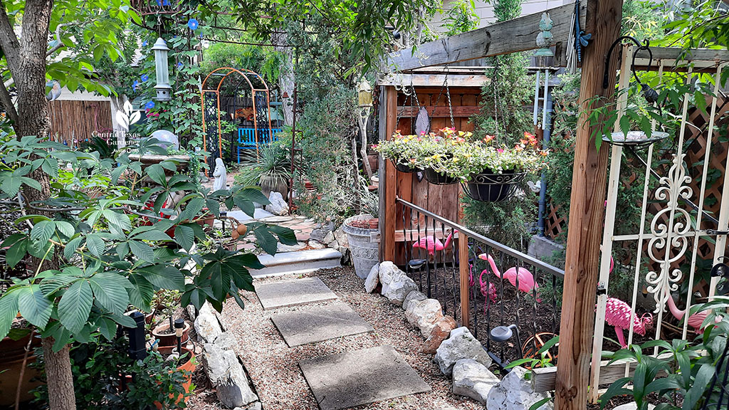 flagstone and gravel path bordered by flowers, foliage plants, pink plastic flamingoes and at end, an orange arbor 