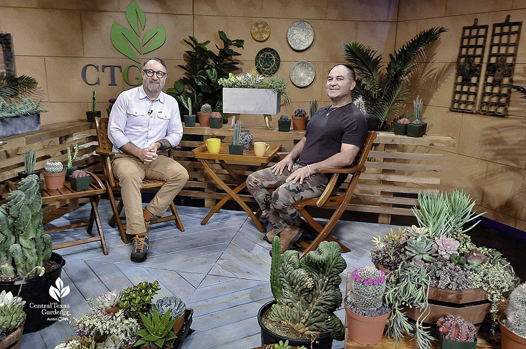 TWO SMILING MEN ON TELEVISION SET WITH MANY CONTAINERS OF MULTI-COLORED SUCCULENT PLANTS