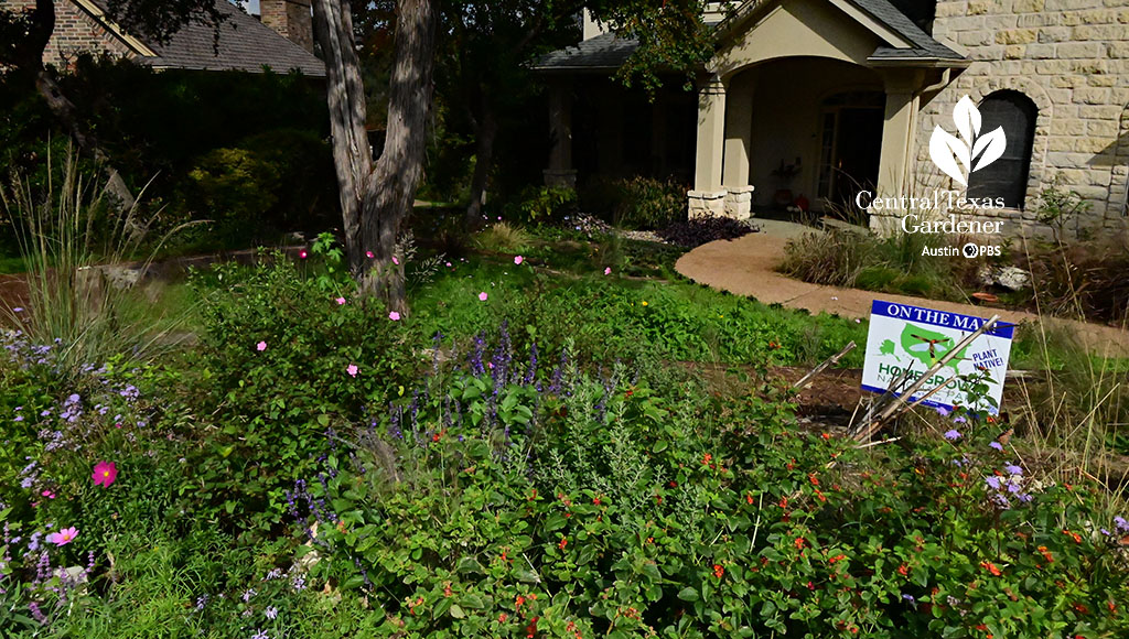 flowering perennials in front yard with sign Homegrown National Park 