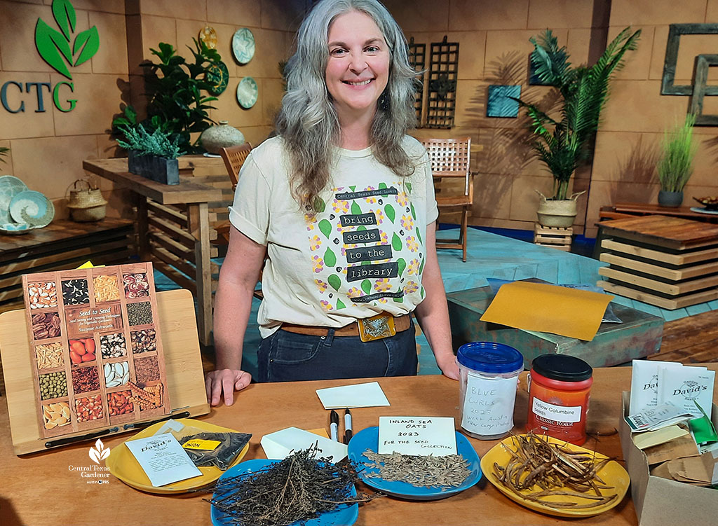 woman on TV set with plates and jars of seeds 