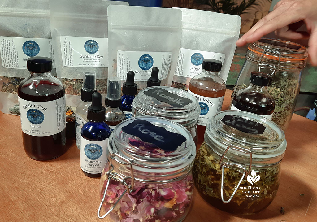 bottles of herbal tinctures and jars and packets of dried herbs