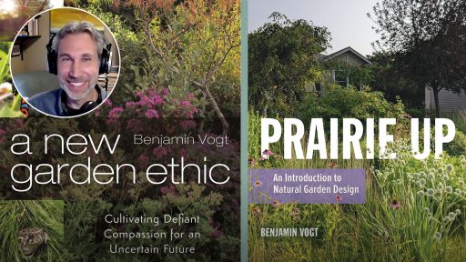 two book covers, Prairie Up and New Garden Ethic with photo of Benjamin