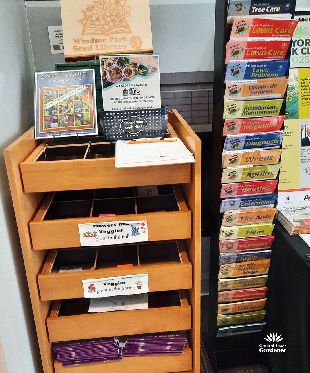 wooden drawers in library cabinet with seeds