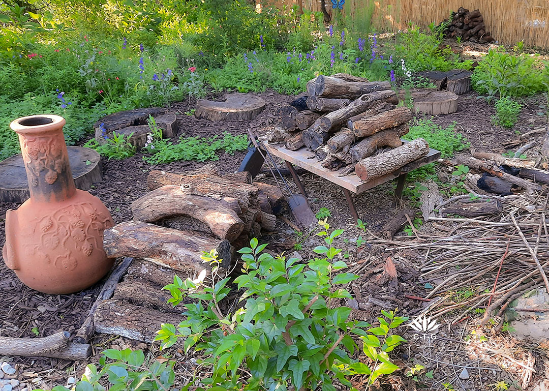logs, twigs, tree stump rounds as stepping stones 