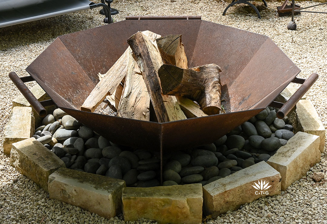 rusty steel nine-sided fire pit 
